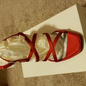 Red Escada strappy sandals with rhinestone buckle